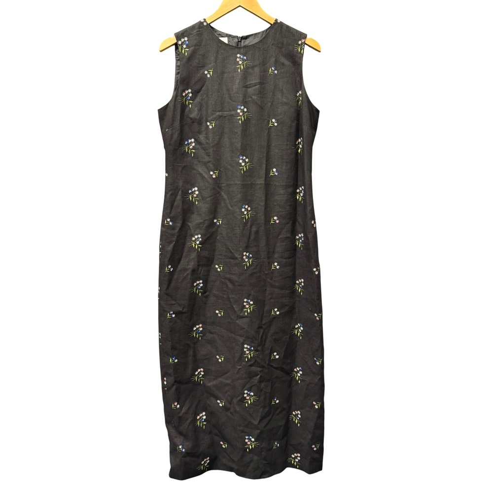 Vintage Talbots Maxi Dress Womens 10 Irish Linen Embroidered Black Floral